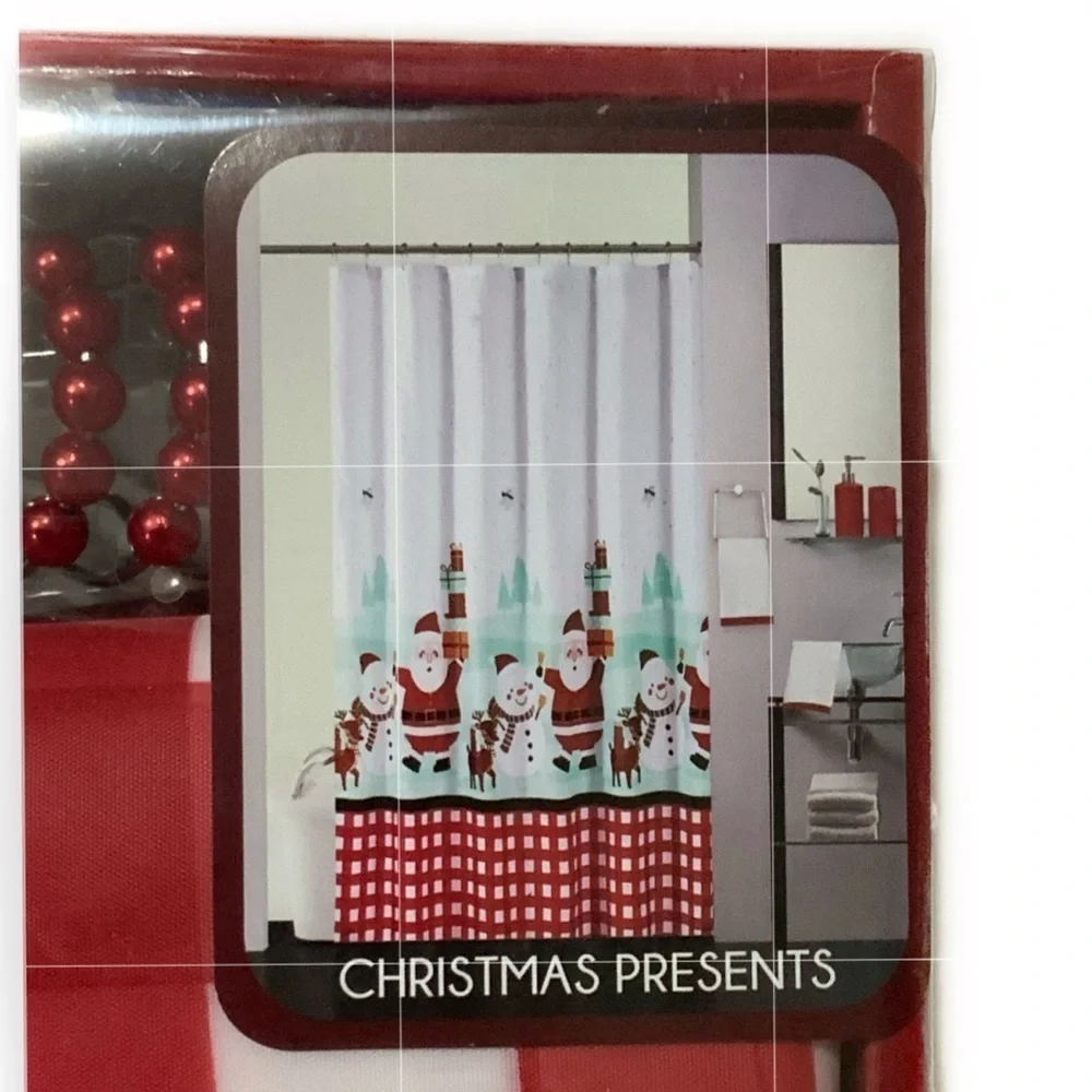 Holiday Bath Set Fabric Shower Curtain Christmas Santa Presents And Accessories
